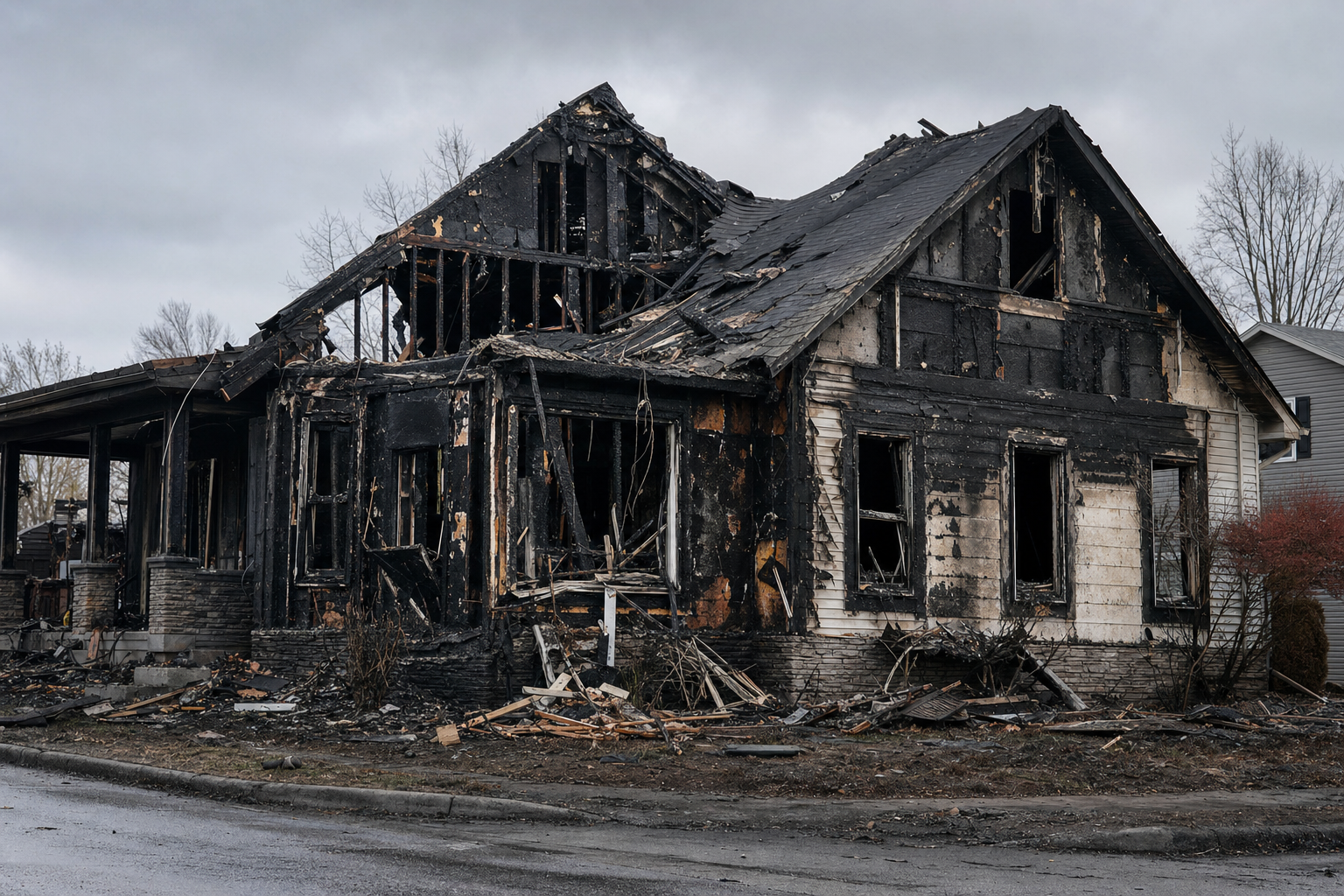 Fire-damaged home requiring professional fire and smoke restoration