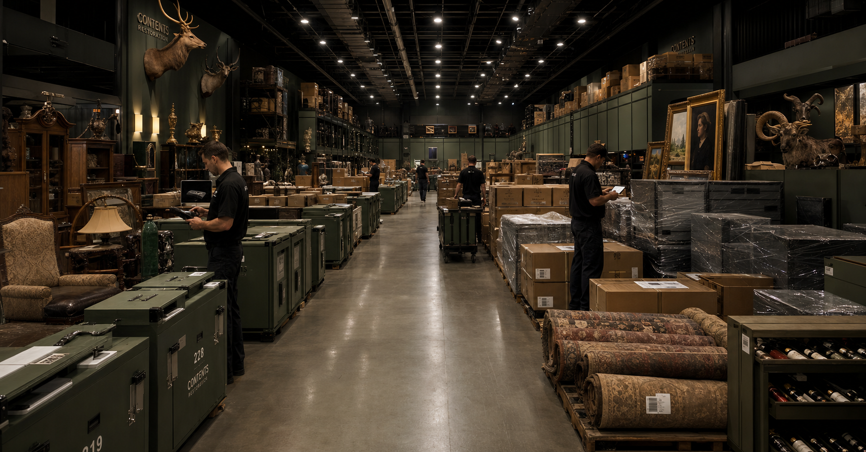 Cantt Restoration contents facility with inventory, fine rugs, and personal belongings carefully staged for restoration