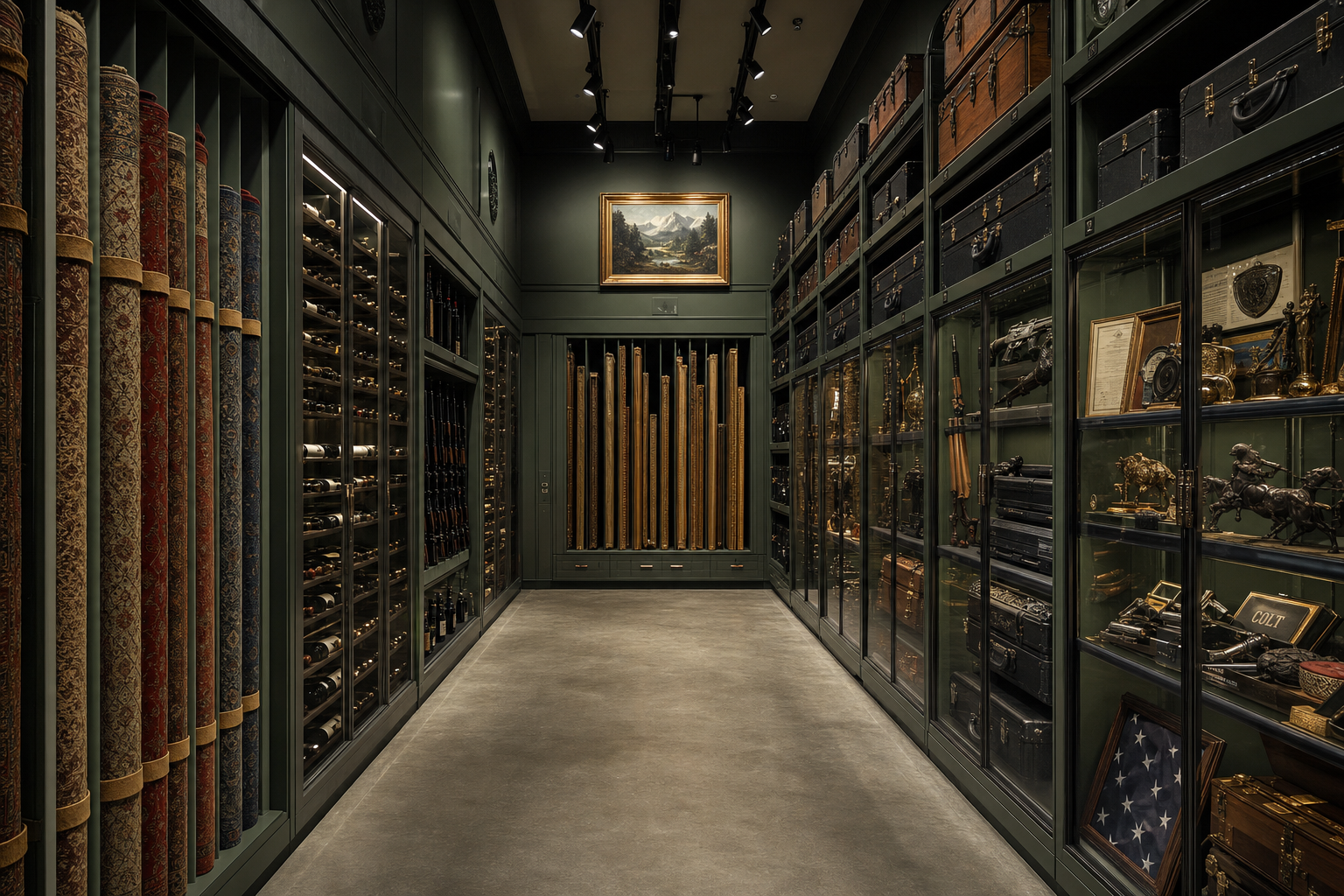 Cantt Restoration specialty vault showing firearms, fine wine, area rugs, and antiques in climate-controlled storage