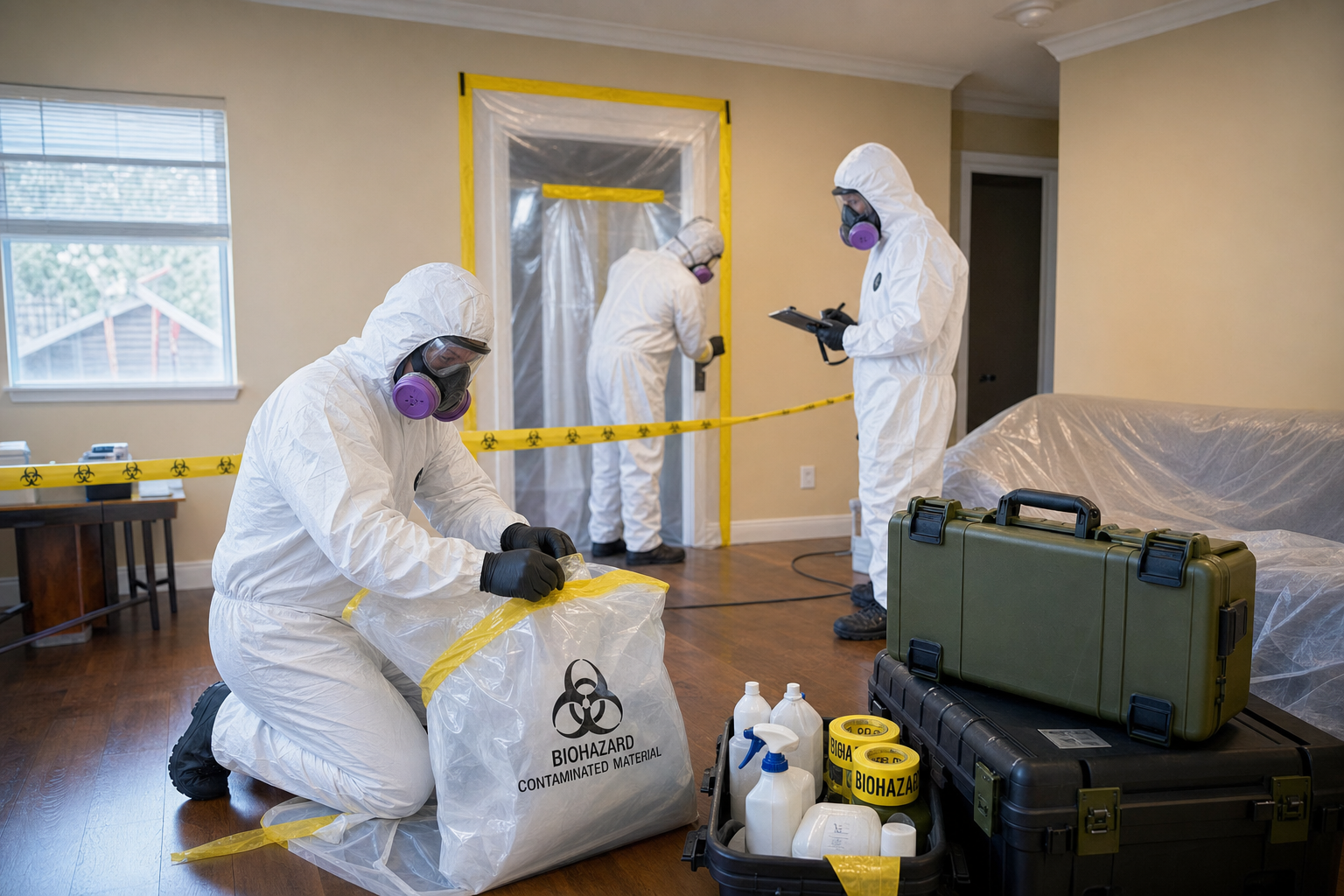 Professional biohazard cleanup technician in full protective equipment