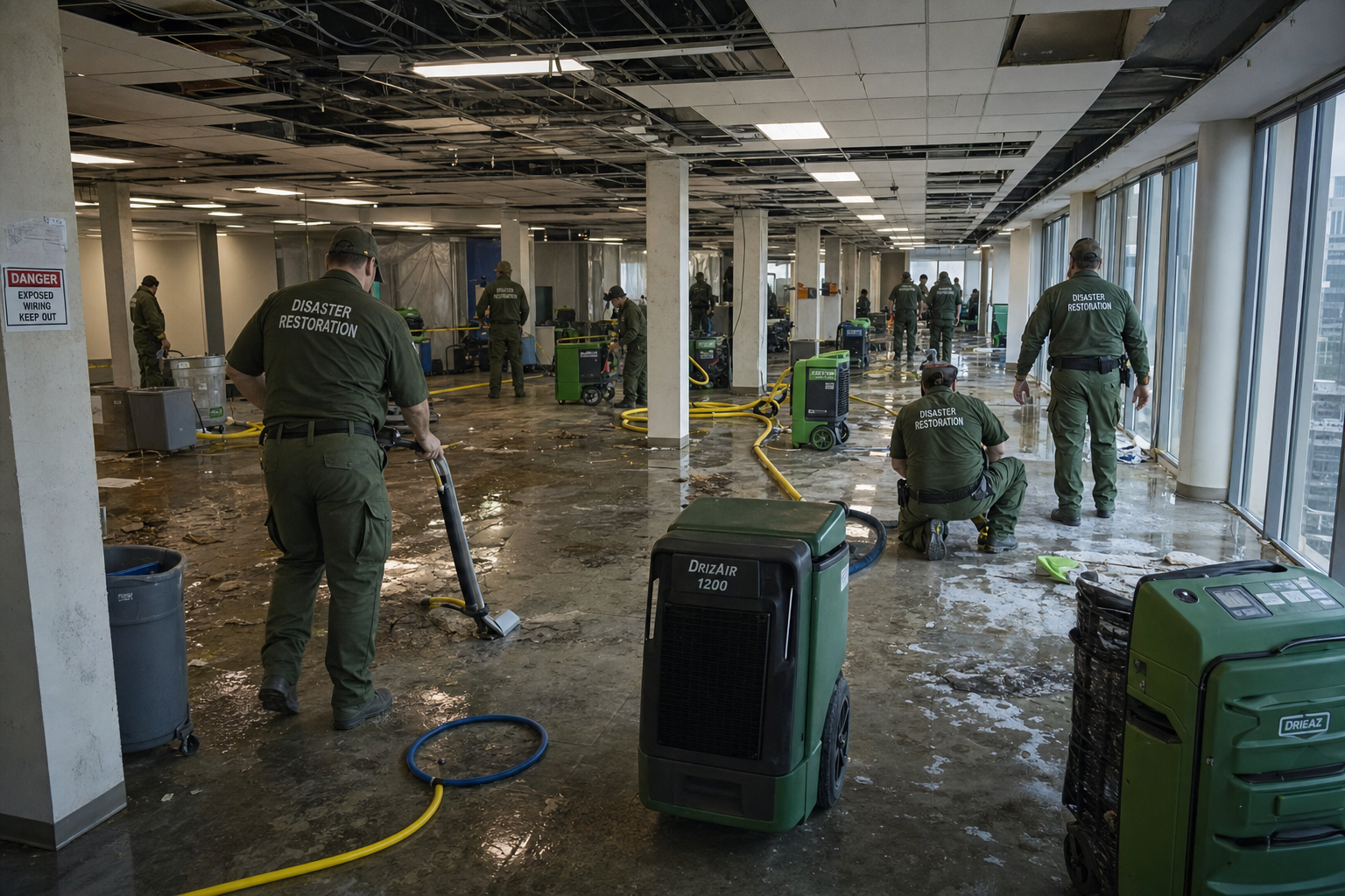 Large-scale commercial restoration crew working in multi-floor water-damaged office building
