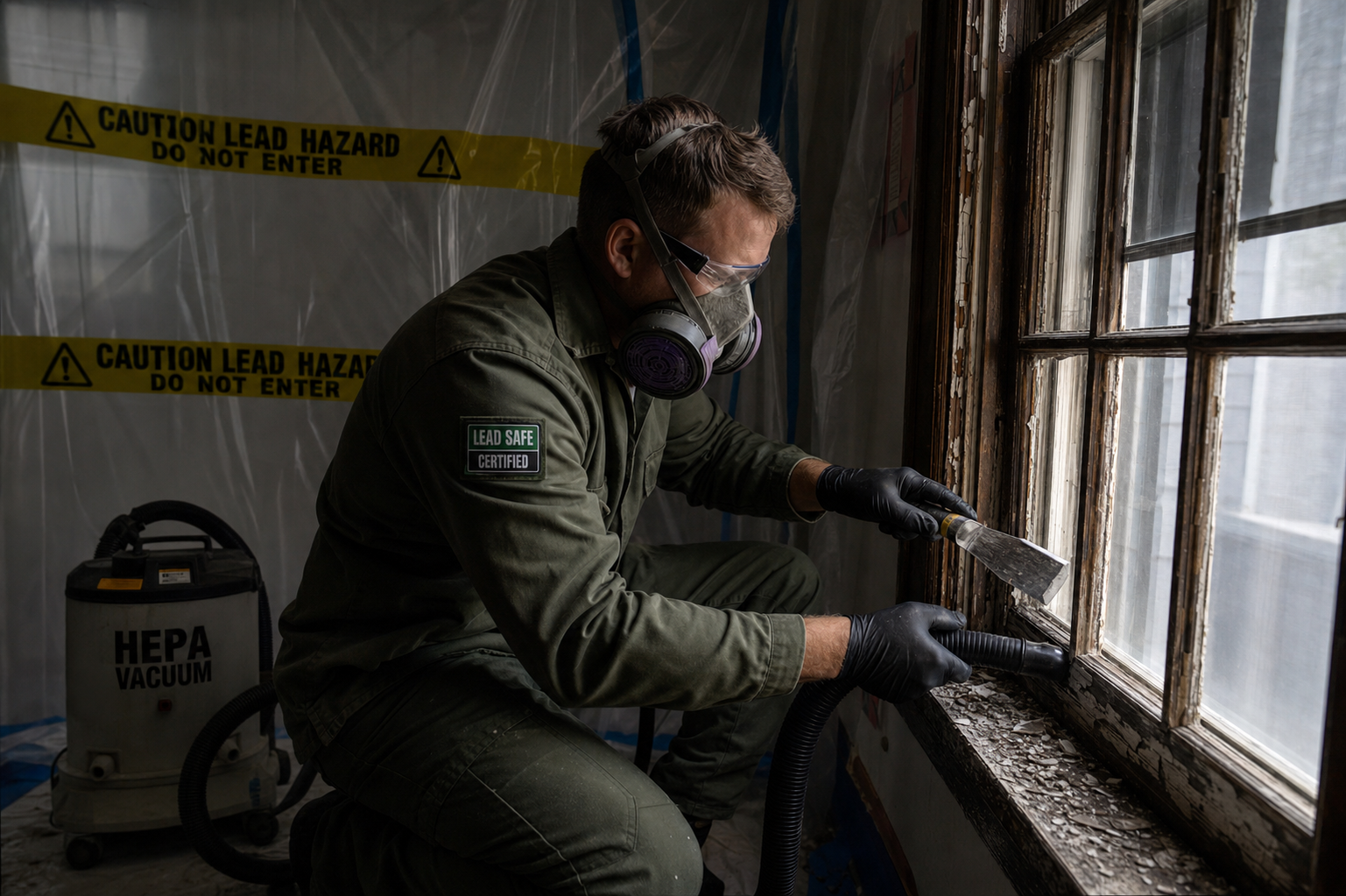 Technician in respirator and protective gear removing lead paint from old window frames with HEPA vacuum and containment sheeting