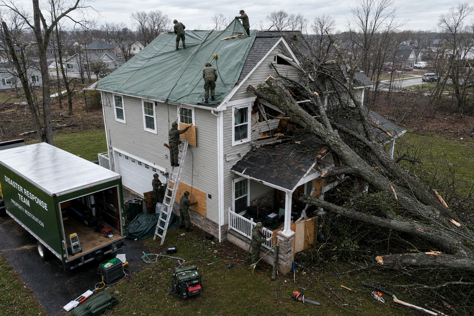 Storm damage to a residential structure requiring emergency restoration