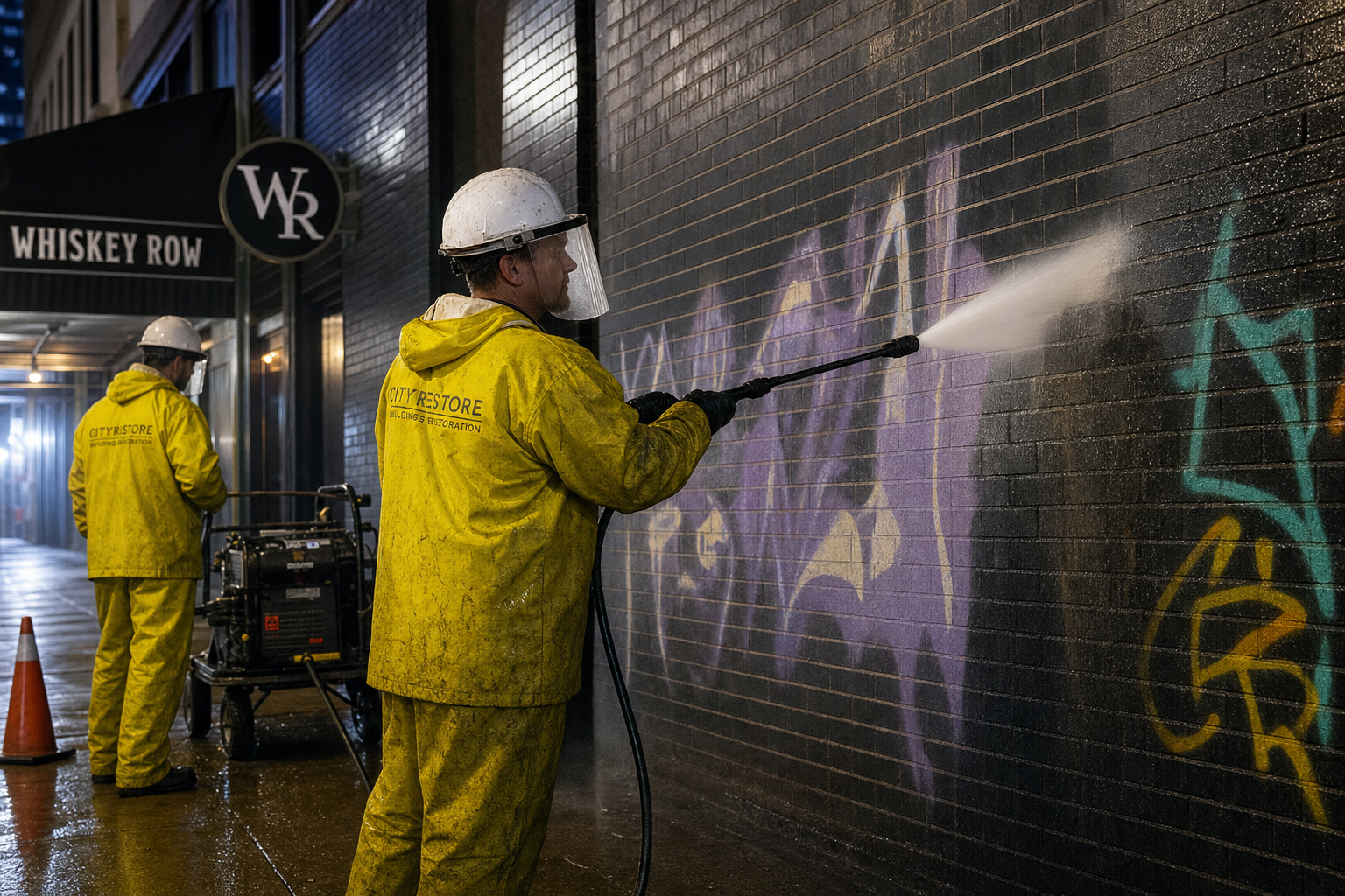 Restoration crew power-washing graffiti from commercial brick wall at night